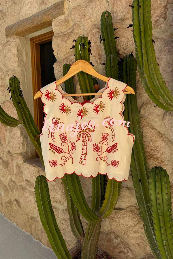 Sunny Day Linen Blend Contrast Embroidered Print Scallop Trim Lace-up Top
