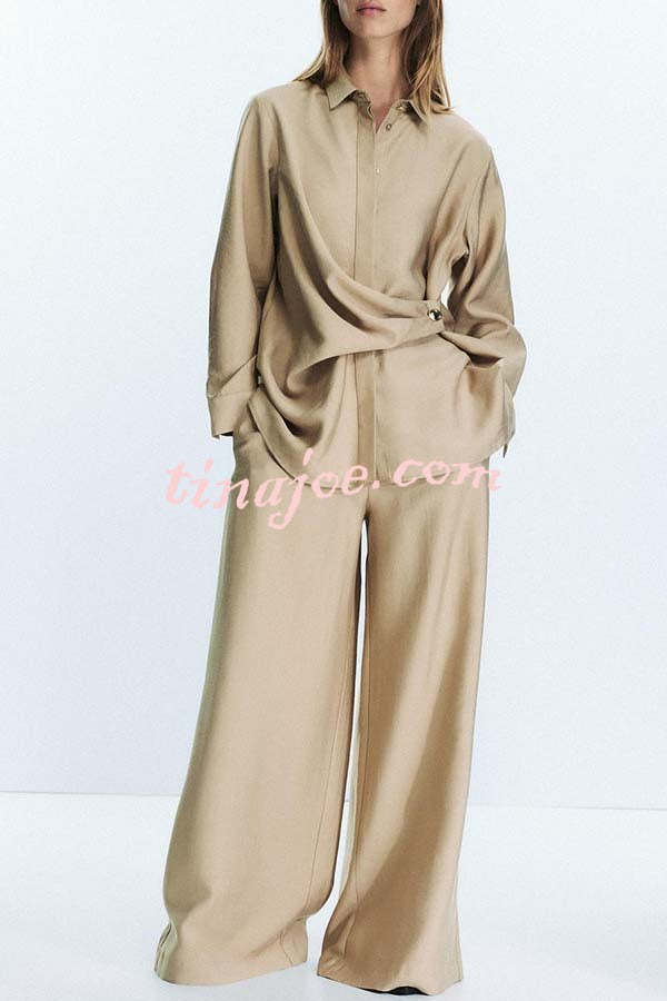Juliette Cross-front Button Up Long Sleeve Shirt and Elastic Waist Pocket Loose Pants Set