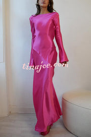 Satin Elegant Long-sleeved Open-back Slim-fit Slit Maxi Dress