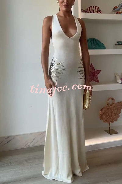 Sparkling Nights Knit Sunburst Sequin Detail Back Cross Straps Stretch Maxi Dress