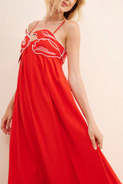 Red Fish Embroidered Sling Backless Maxi Dress