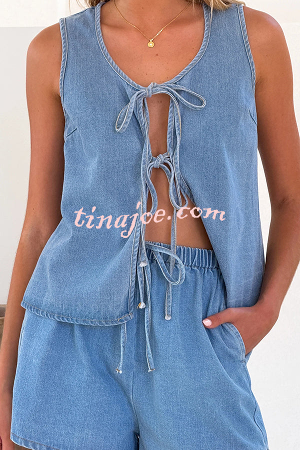 Solid Color Sleeveless Tie Top and Elastic Waist Loose Pocket Denim Shorts Set