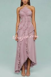 Dream Ode Lily Pad Style Pleats and Ruffles Halter Gown Maxi Dress