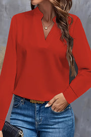 Solid Color Loose V-neck Long-sleeved Casual Shirt