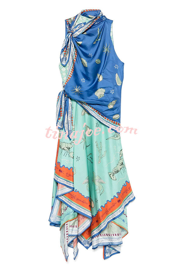 Surrealist Summer Satin Unique Print Tie-up Details Layered Hem Scarf Maxi Dress