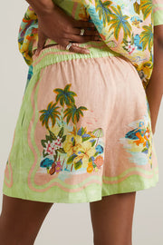 Coconut Scenery Linen Blend Tropical Print Blouse and Elastic Waist Pocketed Shorts Set