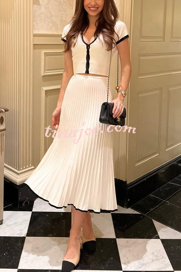 Stylish Stretch Fit Short-sleeve Top and Elastic Waist Midi Skirt Set