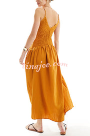 Fashionable V-neck Patchwork Smocked Sleeveless Suspender Midi Dress