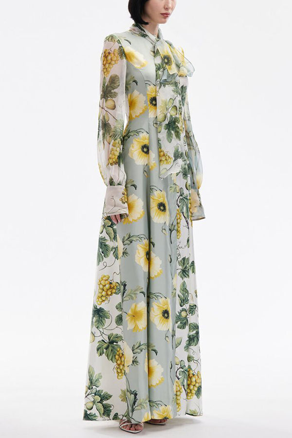 Floral Print Tie Neck Balloon Sleeves Elegant Maxi Dress