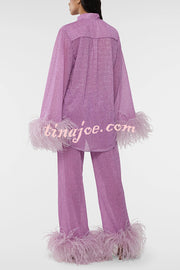 Glitter Fabric Feather Trim Long Sleeve Button Top and Elastic Waist Loose Straight Pants Set