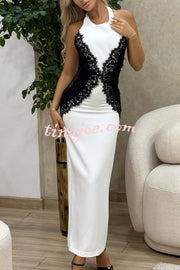Sexy Halterneck Lace Paneled Backless Slim Maxi Dress