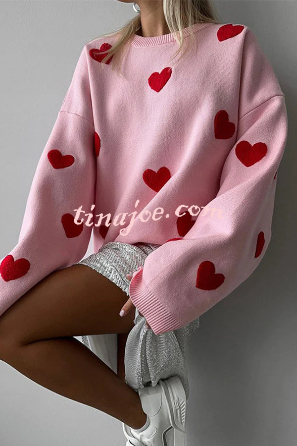 Fashionable Embroidered Love Loose Round Neck Long Sleeve Knitted Sweater