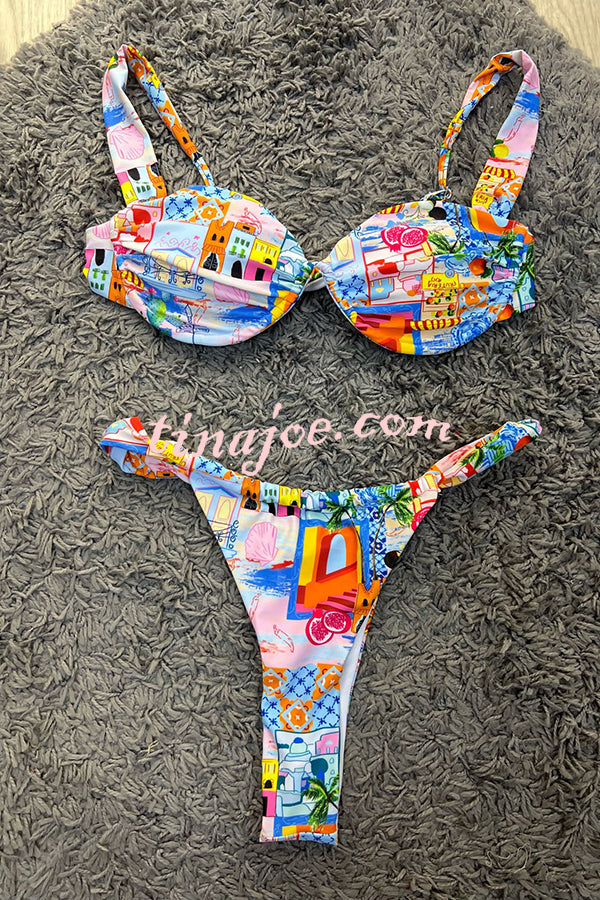 Beach Scenery Print Suspender Bikini