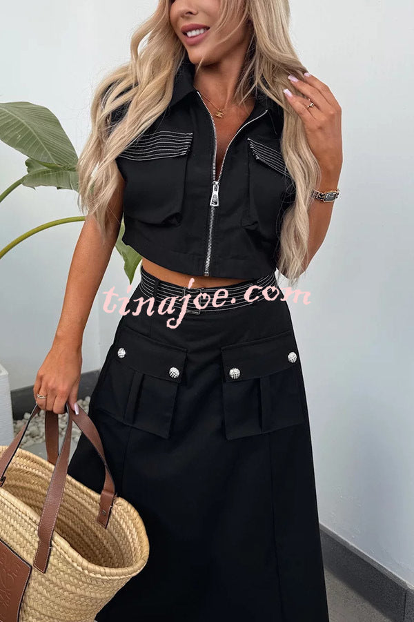 Athleisure Zipper Pocket Sleeveless Jacket and Belted Cargo Midi Skirt Set