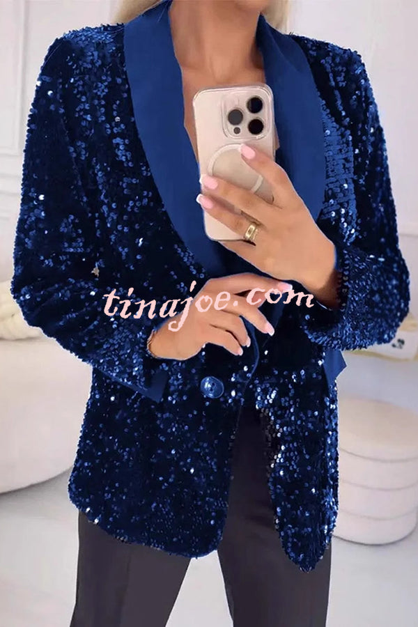 Fashion Sequin Lapel Long Sleeve Casual Blazer