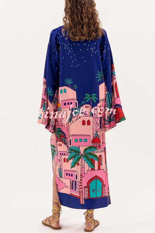 Seaside Stroll Satin Unique Print Button Up Long Sleeve Slit Kaftan Midi Dress
