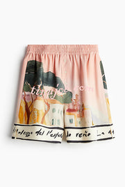 Unique Print Lapel Long Sleeve Loose Shirt and Elastic Waist Casual Pocket Shorts Set