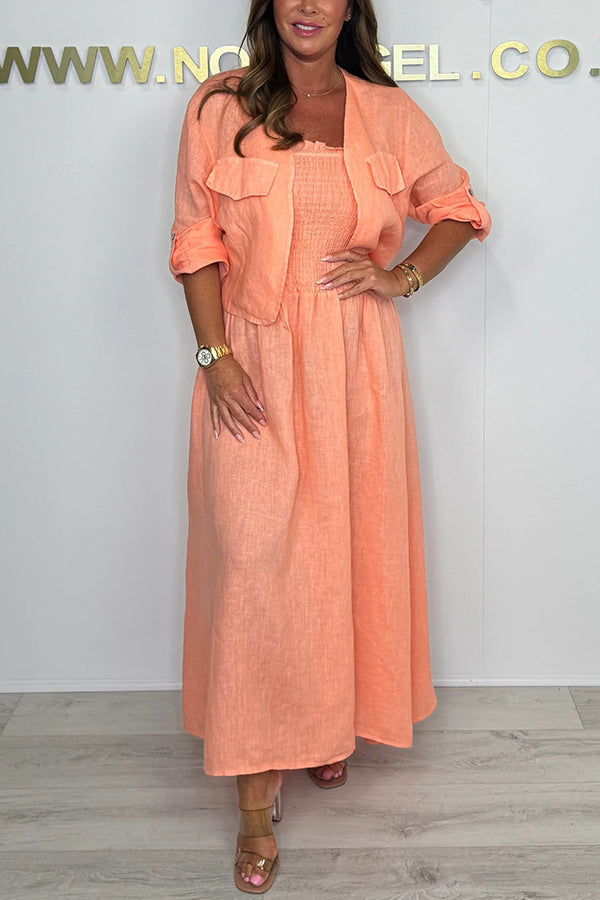 Solid Color Casual Short Jacket and Suspender Pleated Maxi Dress Set