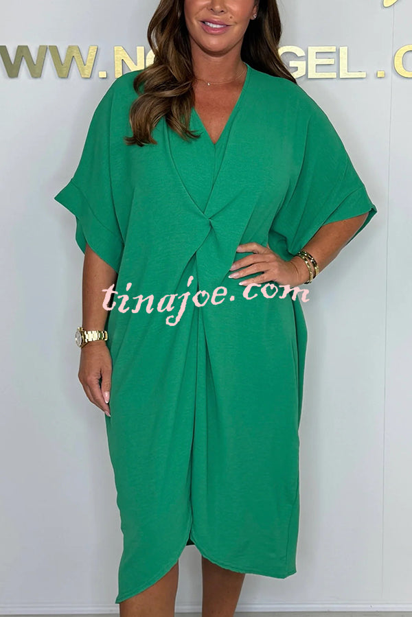 Solid Color V-neck Cross Knot Casual Irregular Midi Dress