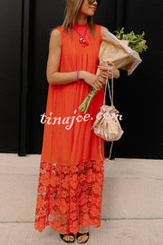 Breezy Comfort Tie-up Neck Sleeveless Floral Lace Hem Maxi Dress