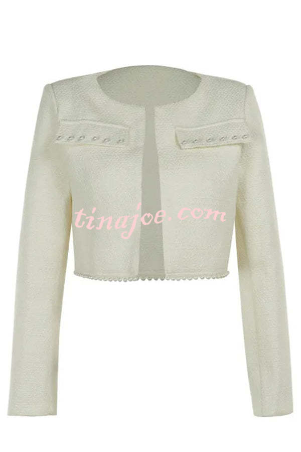 Stylish and Elegant Tweed Pearl-embellished Long-sleeved Jacket