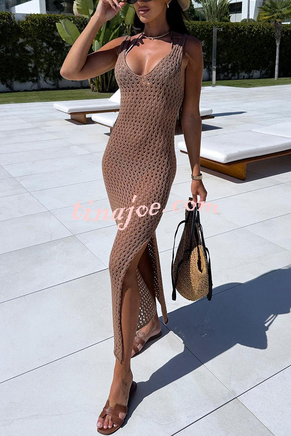 Solid Color V-neck Hollow Beach Knitted Cover-up Midi Dress