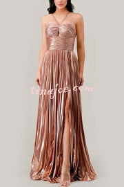 Make A Toast Metallic Fabric Cross Neck Cutout Slit Pleated Maxi Dress