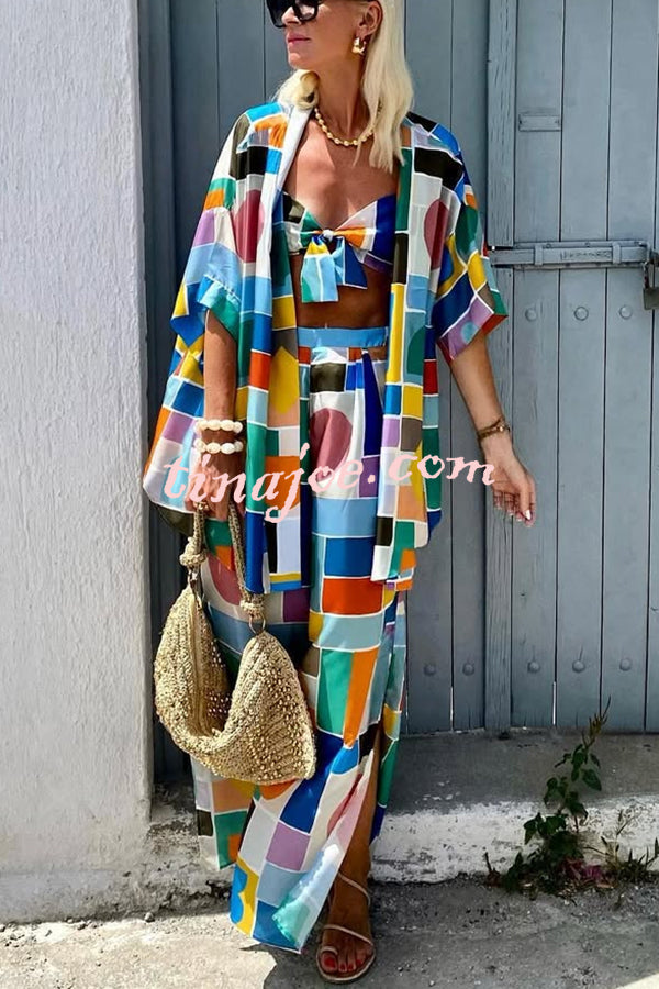 Summer Colors Printed Kimono + Knotted Tank + Elastic Waist Pocket Three-pieces Pants Set