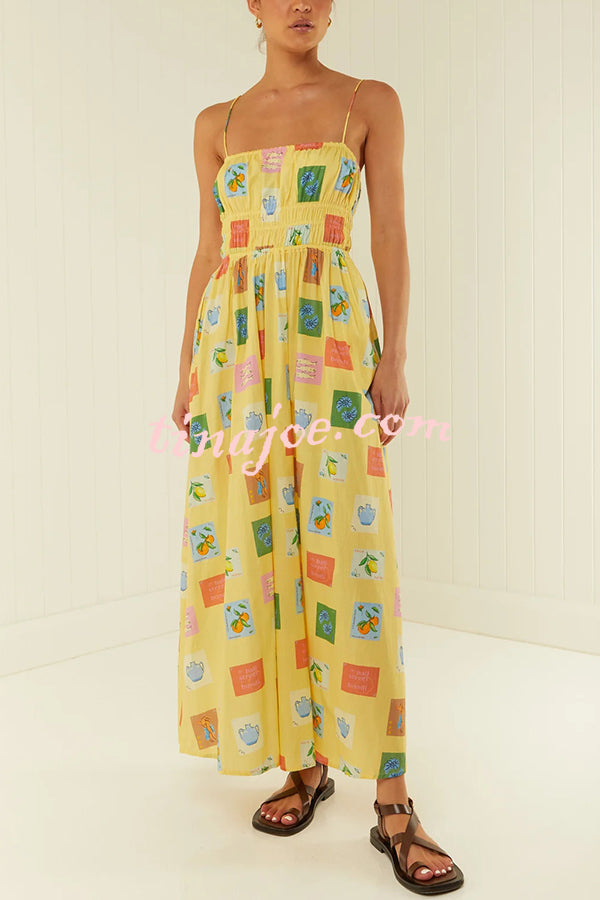 Unique Printed Suspender Backless Pleated Waist Maxi Dress