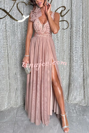 Everlasting Party Sequin Tulle Ruffles Shoulder Design Slit Maxi Dress