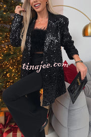 Chic Party Season Sequin Button Long Sleeve Lapel Oversized Blazer Jacket