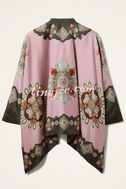 Satin Unique Print Loose Batwing Sleeve Top and Elastic Waist Pocket Casual Wide-leg Pants Set
