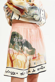 Unique Print Lapel Long Sleeve Loose Shirt and Elastic Waist Casual Pocket Shorts Set