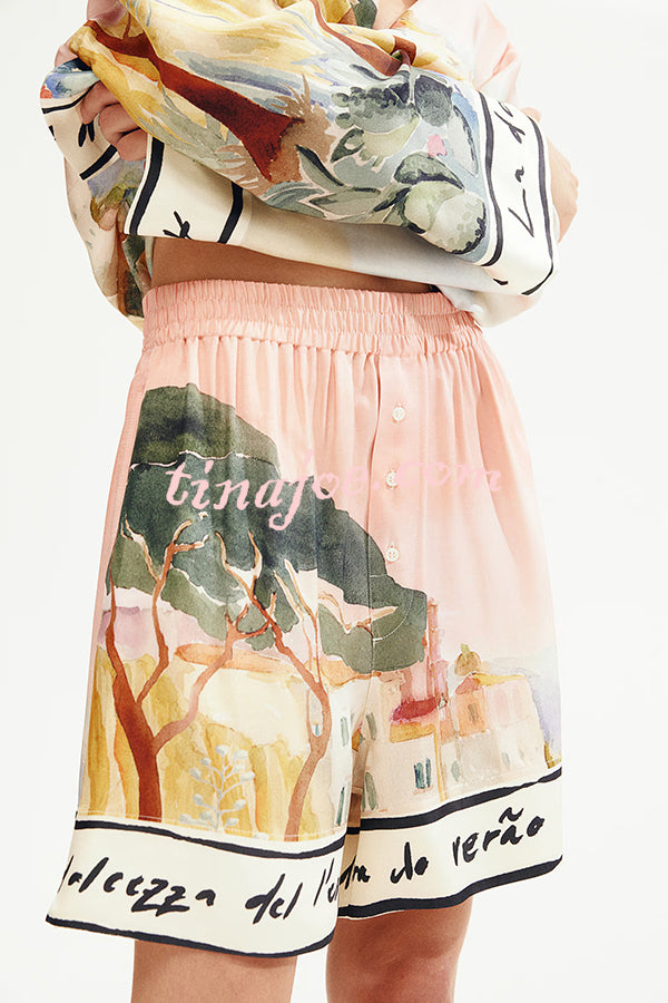 Unique Print Lapel Long Sleeve Loose Shirt and Elastic Waist Casual Pocket Shorts Set