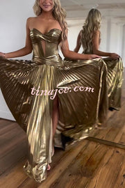 Dazzling Metallic Fabric Cross Strapless Cutout Slit Pleated Maxi Dress