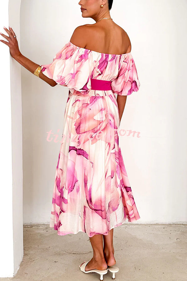 Floral Print Elegant Puff Sleeve Tie-Waist Midi Dress