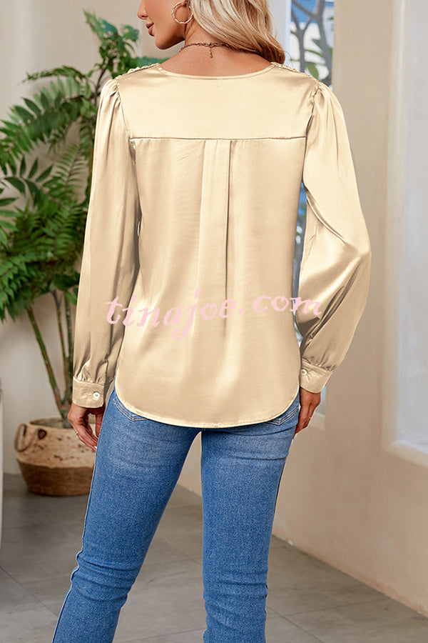 Satin Pleated V-neck Long-sleeved Loose Shirt