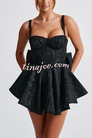 Jacquard Fabric Halter Back Elegant Bow Slim Fit Mini Dress