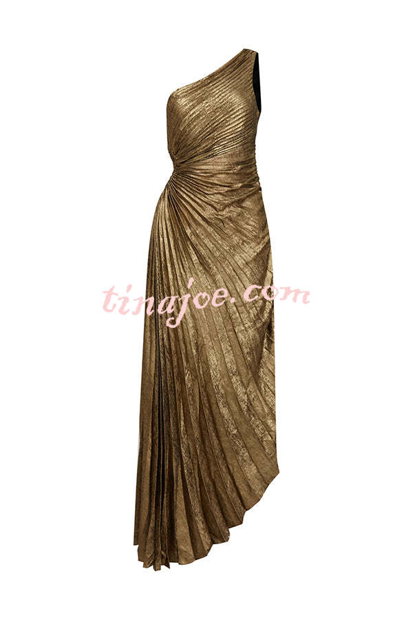 Midnight Kiss Metallic Fabric One Shoulder Cutout Pleated Maxi Dress