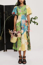 Floral Print Round Neck Puff Sleeve Casual Midi Dress