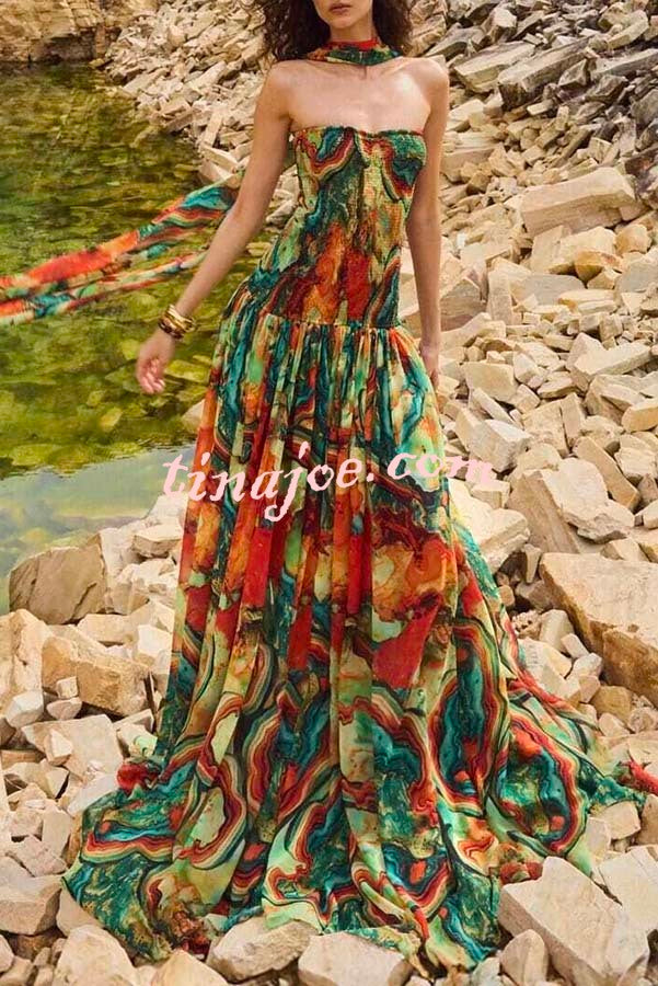 Vacay Vibes Colorful Lava Print Off Shoulder Smocked Scarf Maxi Dress