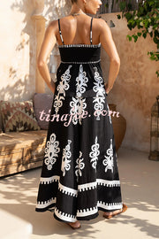 Unique Ethnic Print Suspender Pleated Top and Elastic Waist Loose Wide-leg Pants Set