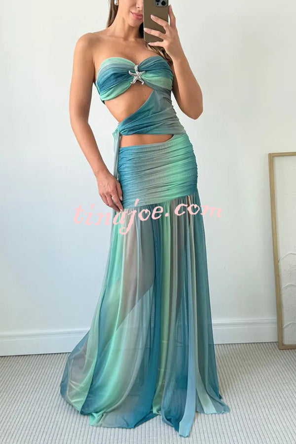Soleil Mesh Printed Starfish Pendant Ruched Cutout Off Shoulder Maxi Dress