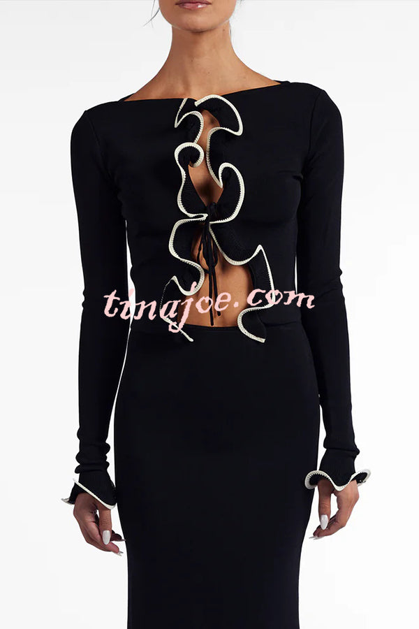 Fashion Ruffled Long-sleeved Tie-cropped Knitted Cardigan