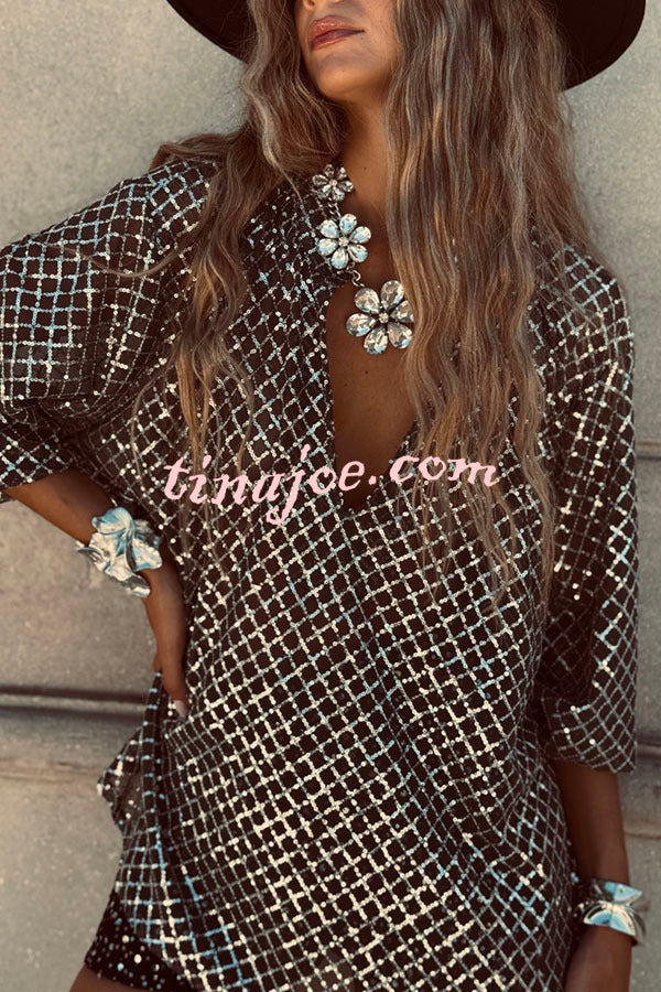 All about Glam Collar Sequin V-neck Half Sleeve Loose Top