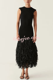 Christie Ribbed Patchwork Tiered Fringed Hem Zipper Backless Maxi Dress