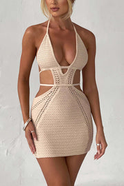 Effortlessly Cool and Sexy Knit Crochet Cutout Halter Tie-up Stretch Mini Dress