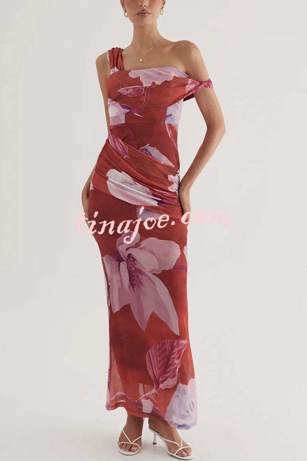 Drama Elegance Mesh Floral One Shoulder Ruched Stretch Maxi Dress