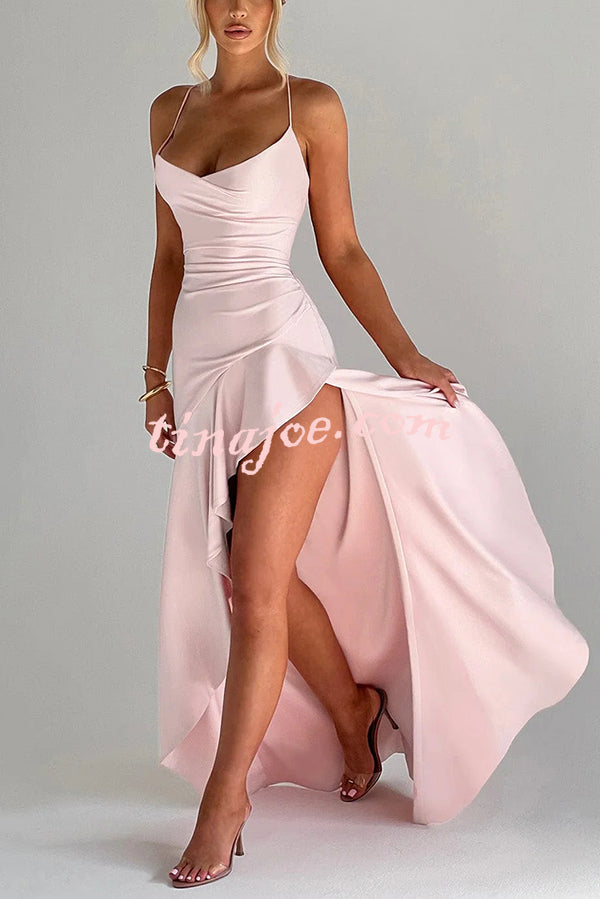 Solid Color Sexy Backless Lace-up Irregular Ruffled Maxi Dress