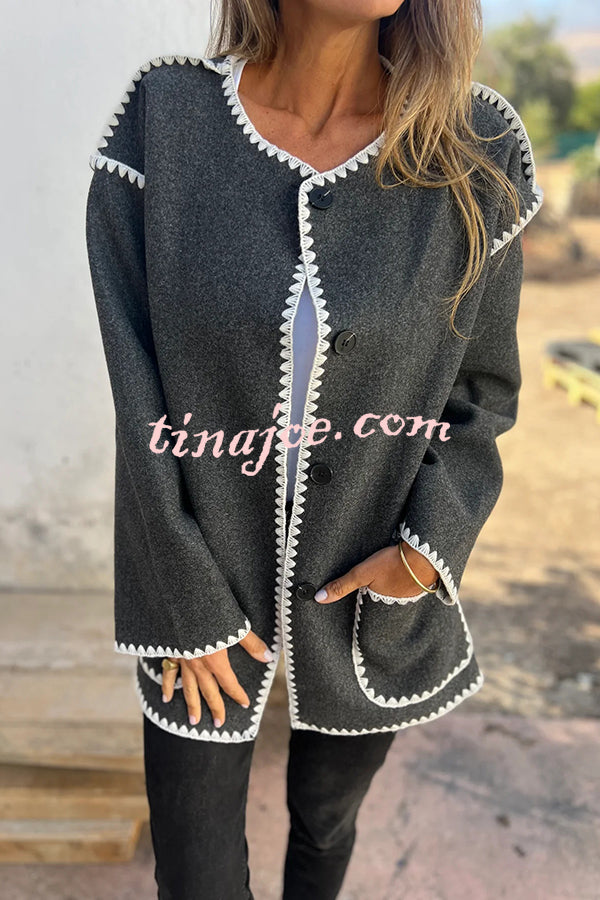 Stylish Loose Pocket Long Sleeve Coat and Warm Fringed Scarf